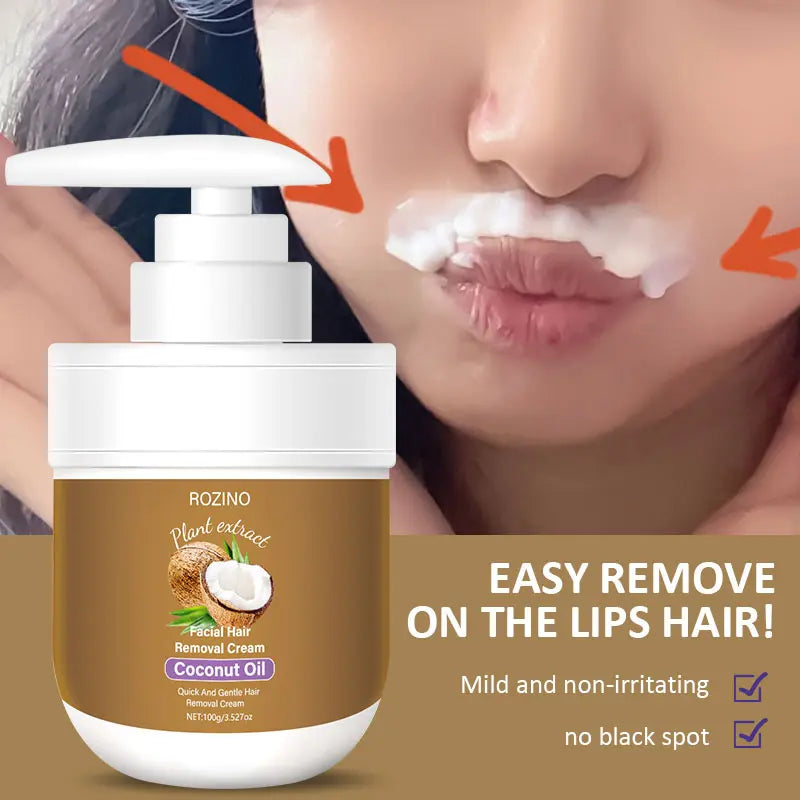 ROZINO Coconut Oil Hair Removal Cream | Gentle & Painless Depilatory for Face, Lips, Arms & Legs | 100g